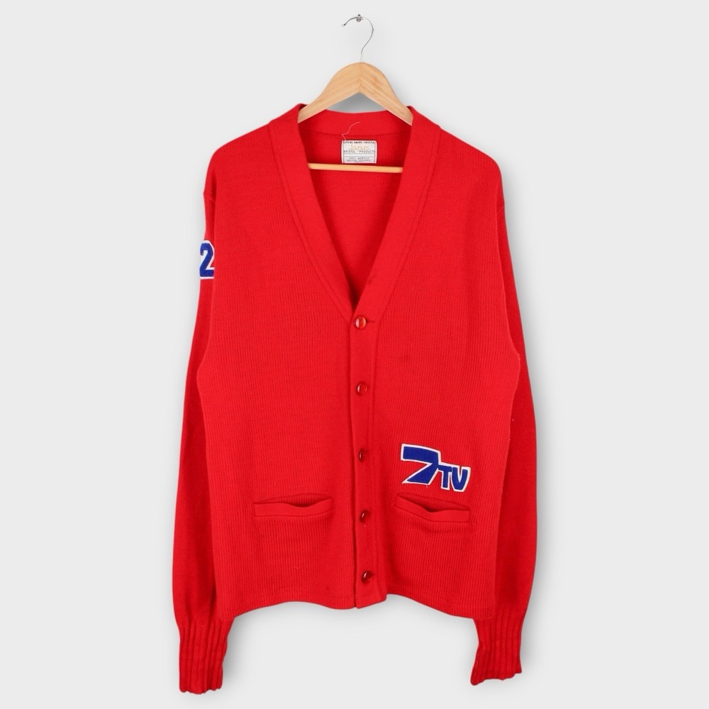 Vintage Bristol Products 7TV Varsity Cardigan Red Knit Sweater 1980s Size 42
